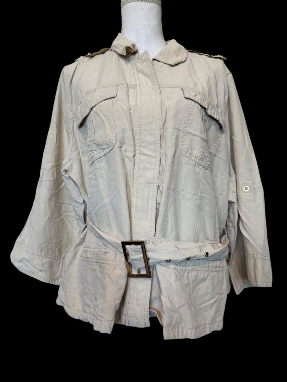 Chicos Zip-Up Belted Jacket Beige Womens Lightweight Size 3 Casual XL Utility
